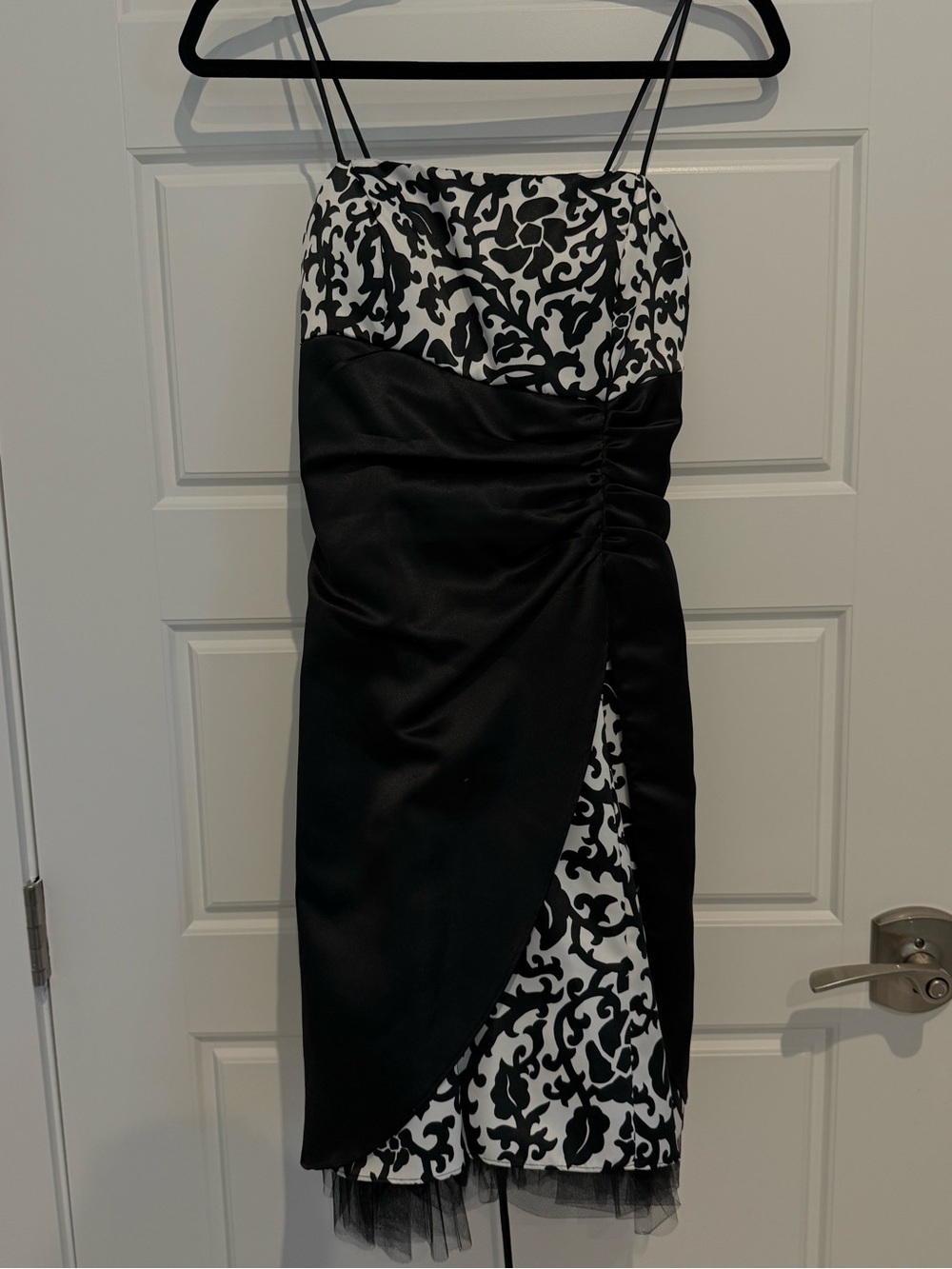 Blondie Nites Black and White Strapless Patterned Cocktail Dress